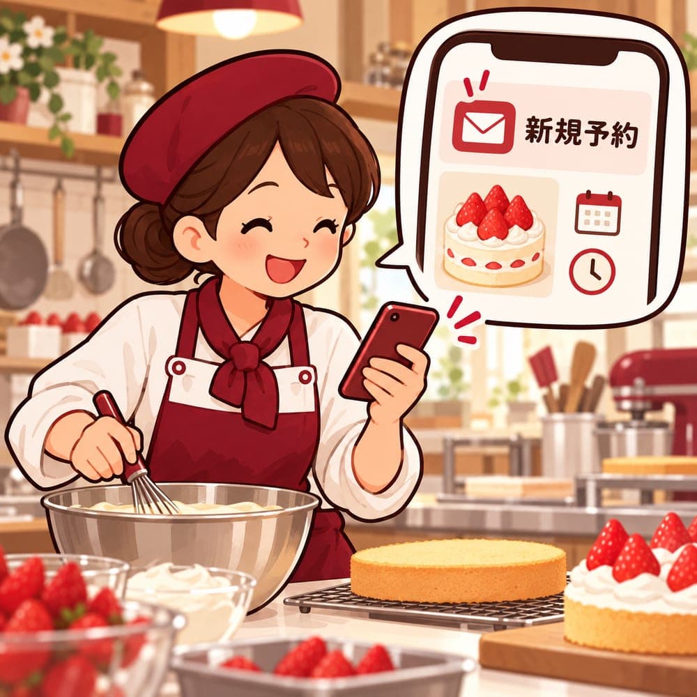 仕込み中のパティシエが、スマホに届いた新規予約のメールを見て笑顔になっているイラスト