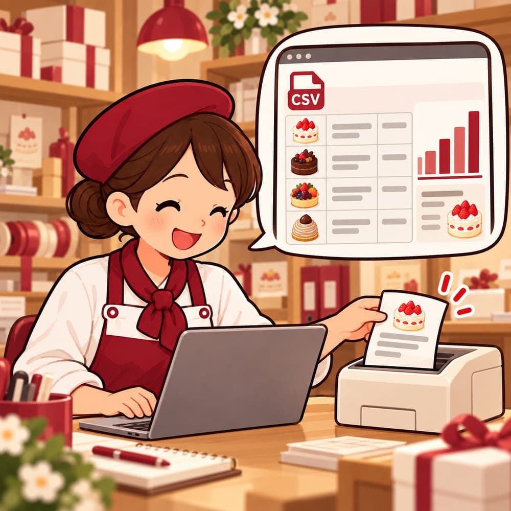 パソコンから注文の伝票を印刷し、表計算ソフトで集計を見る店員のイラスト