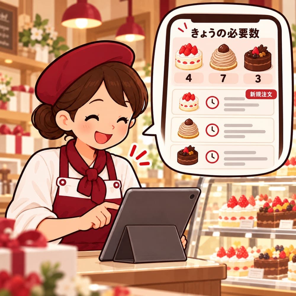 カウンターに立てたタブレットで、きょうの必要数と注文の一覧を確かめる店員のイラスト